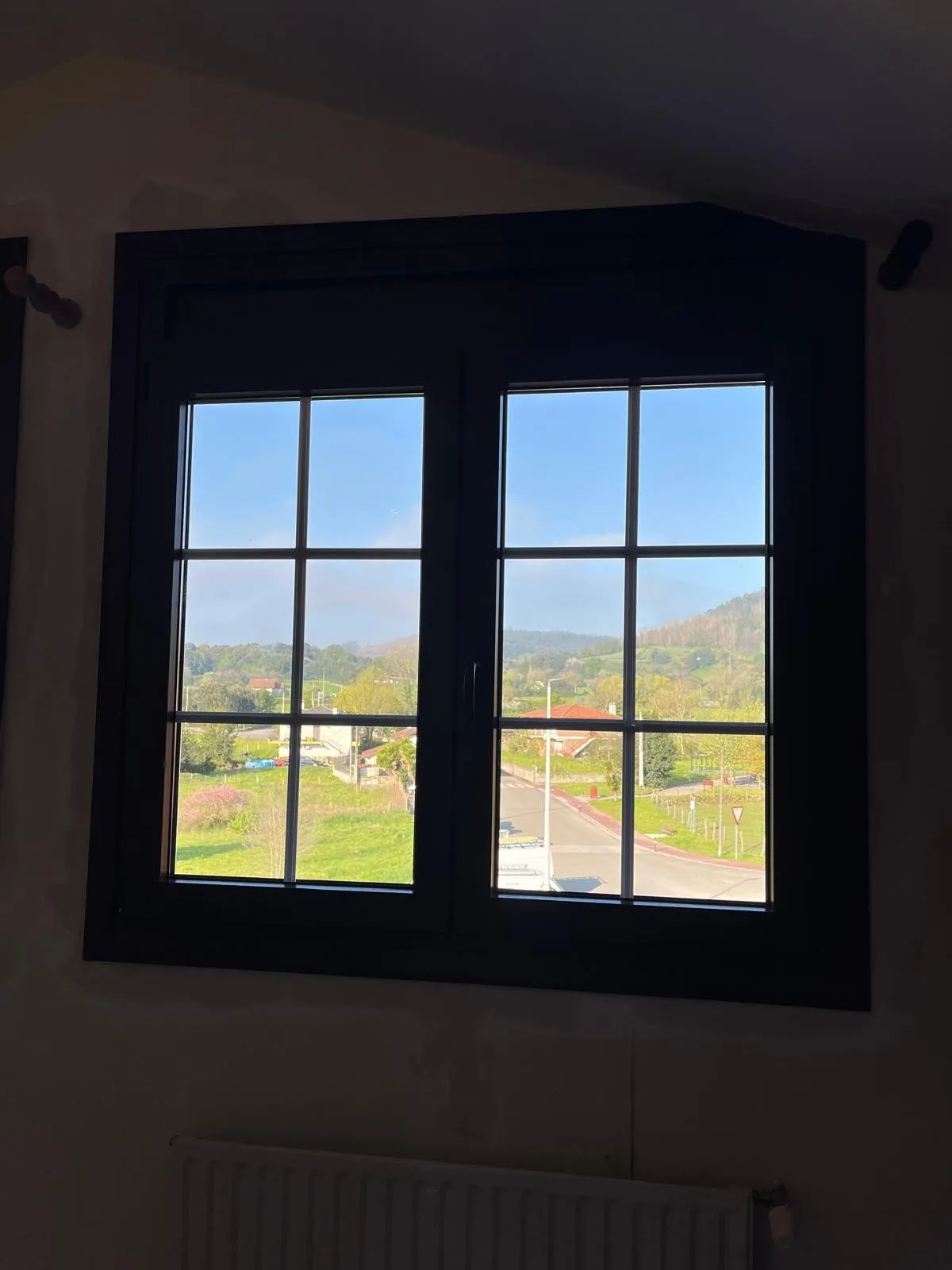 Ventana oscura de dos hojas con cuarterones, vista desde el interior con prados y casas al fondo